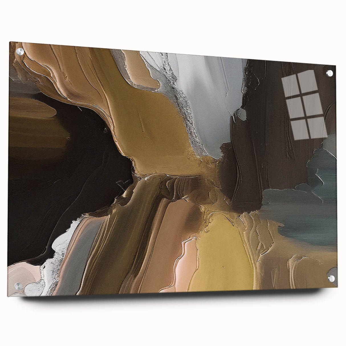 Abstract wall art featuring vibrant strokes and lines in a modern design, displayed in a side view with acrylic glass and pins for an elegant presentation.