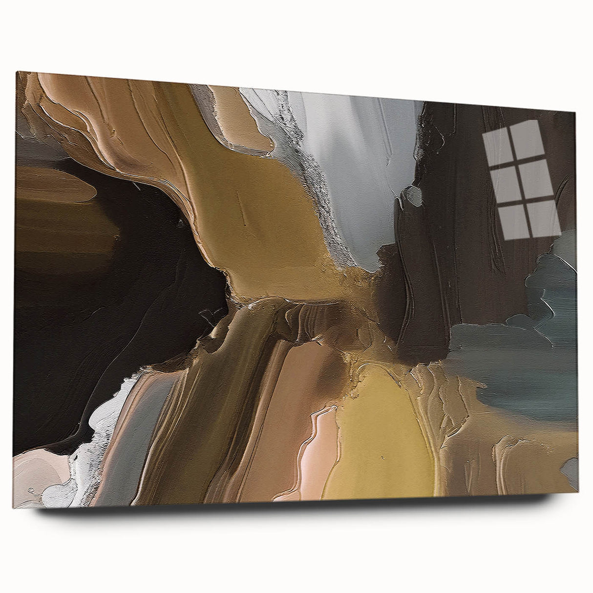 Acrylic glass wall art showcasing an abstract design of colorful strokes and lines, displayed from a side view highlighting its sleek finish and modern aesthetic. Ideal for contemporary decor.