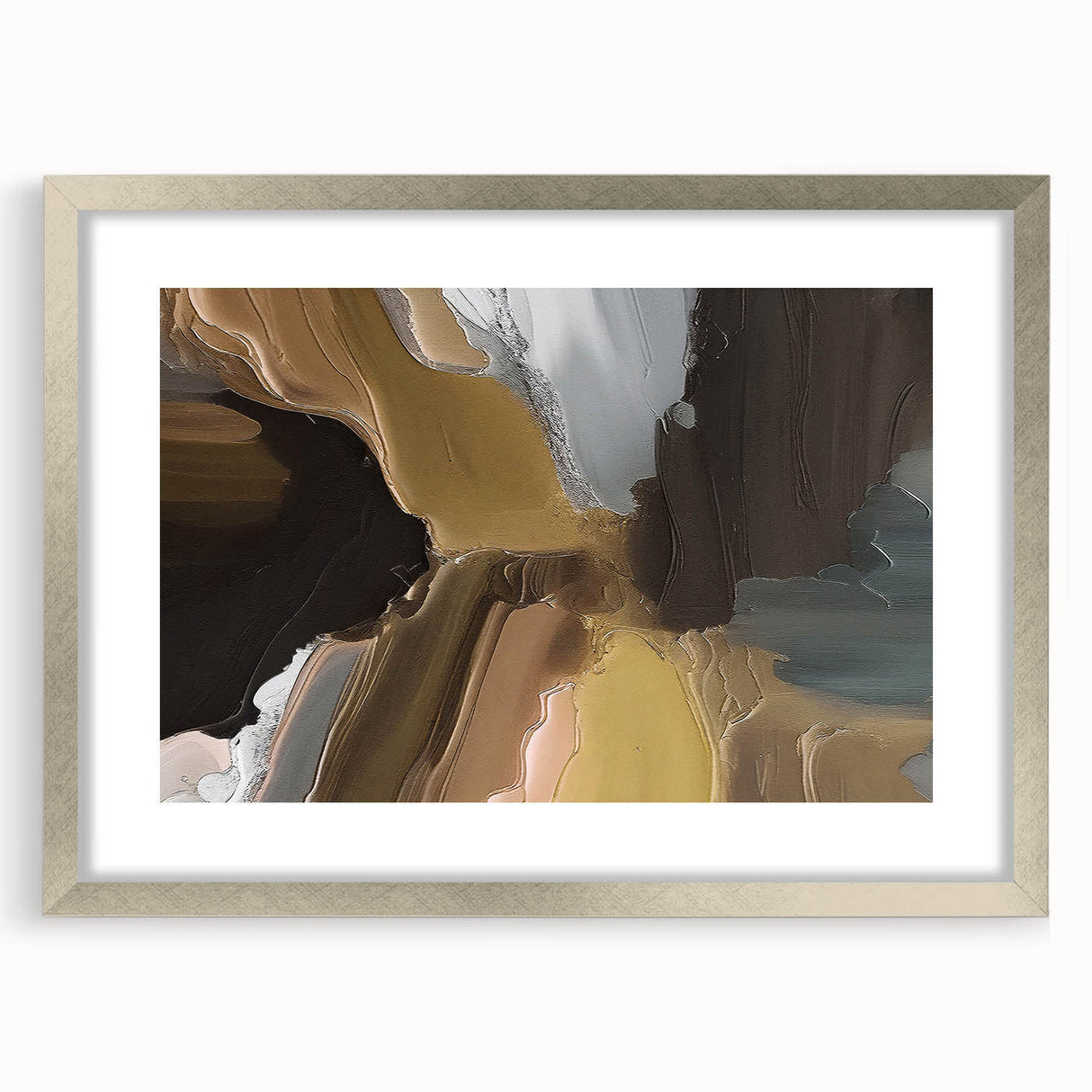 Abstract strokes and lines design wall art in a silver frame with matting, showcasing a modern aesthetic perfect for contemporary decor. The artwork features vibrant colors and dynamic patterns that enhance any living space.