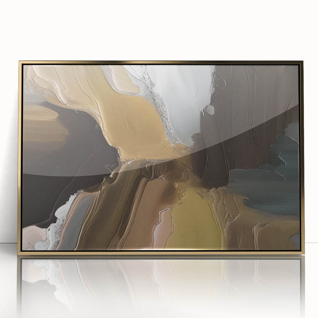Framed wall art showcasing an abstract design of vibrant strokes and lines in gold and neutral tones, perfect for modern decor and artistic flair.