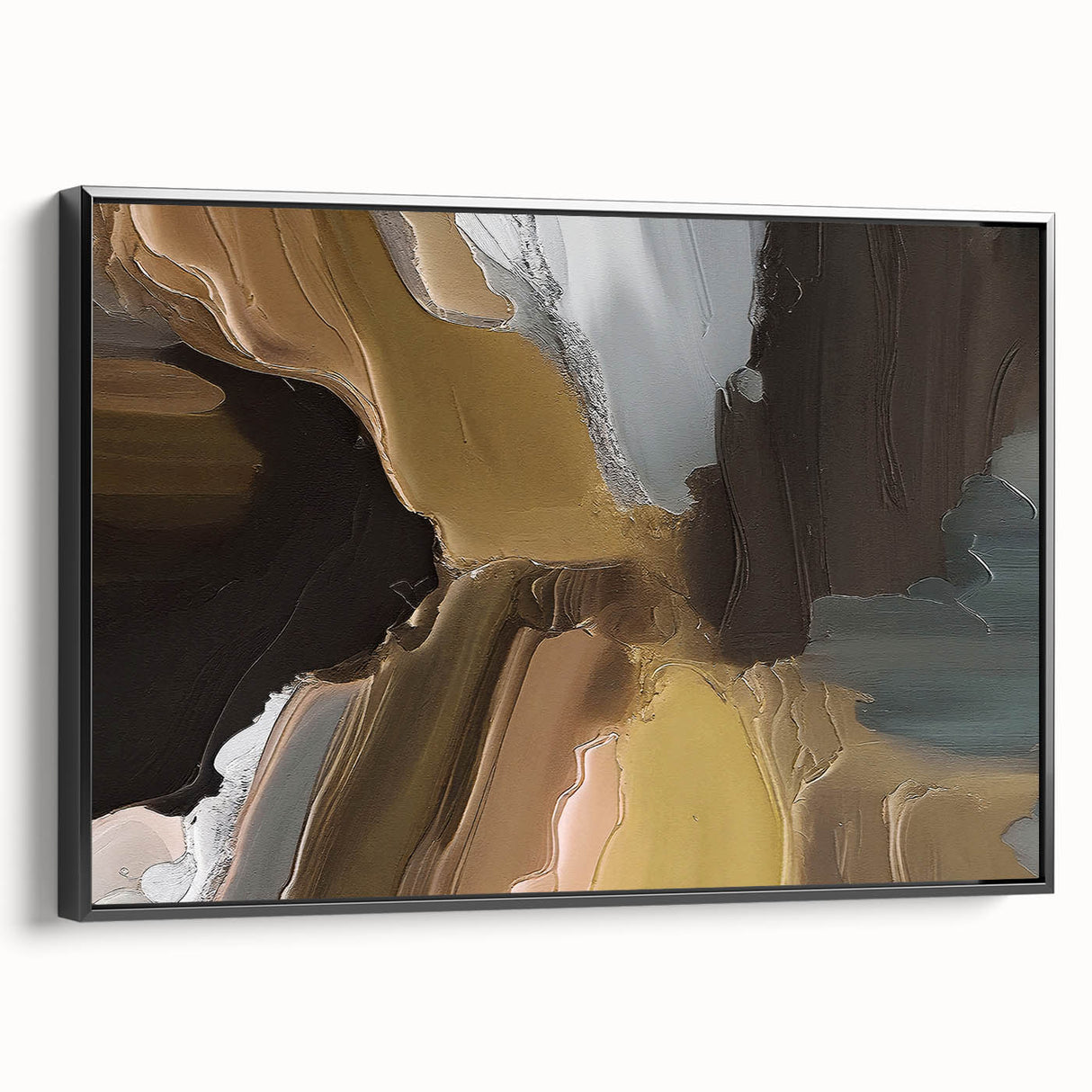 Framed canvas wall art showcasing an abstract design with colorful strokes and lines, featuring a sleek black frame and side view for modern decor appeal.