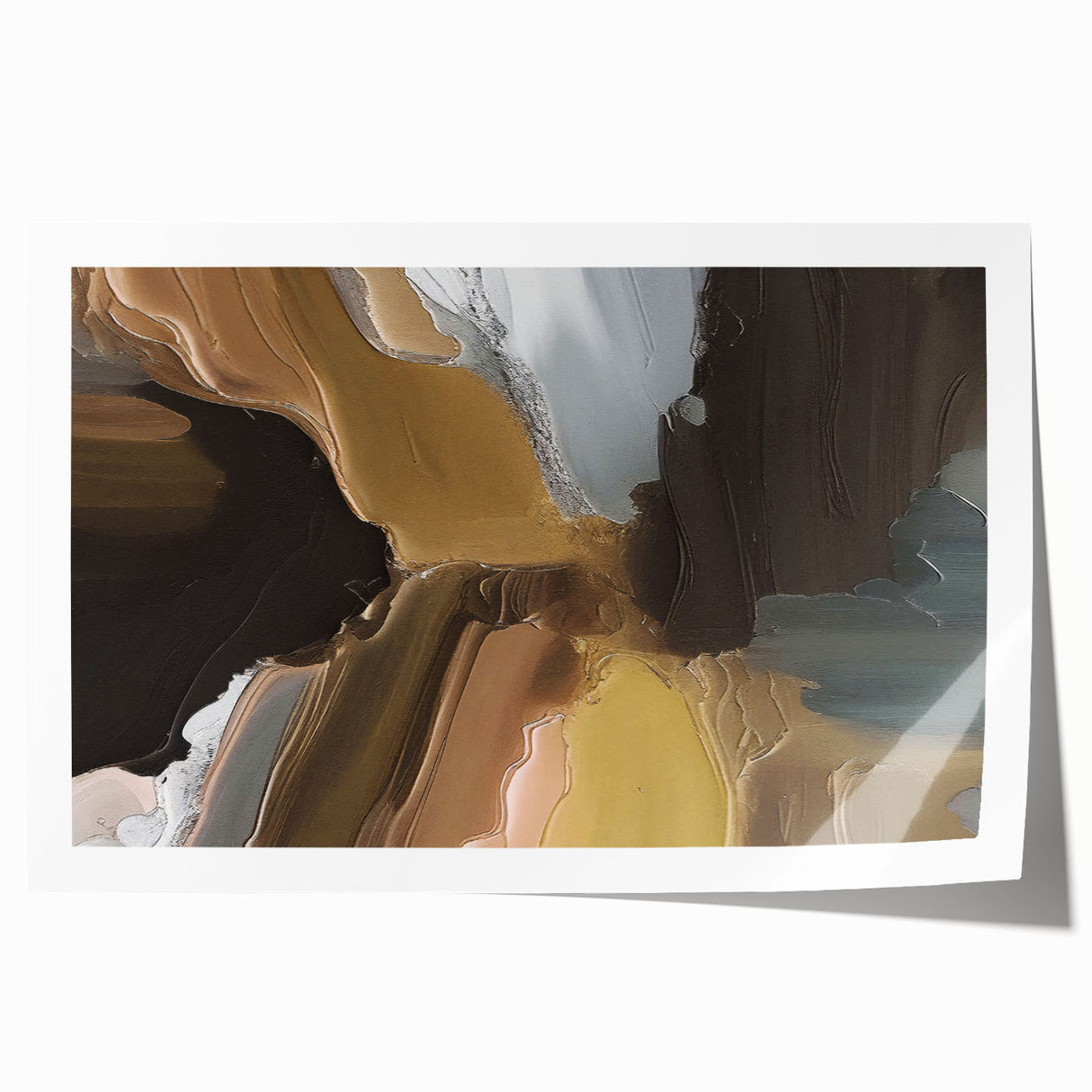 Abstract wall art print showcasing vibrant strokes and lines in teal, orange, and gold hues, designed for modern home decor, emphasizing creativity and style.