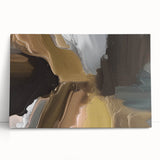 Abstract wall art design featuring bold, colorful strokes and lines on a stretched canvas, leaning against a neutral wall, ideal for modern home decor.