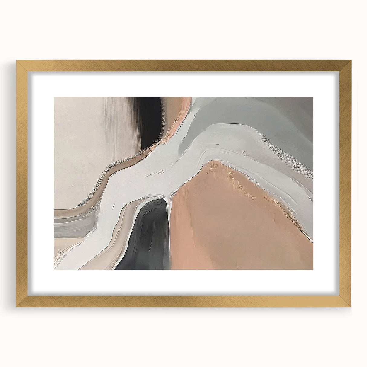 Abstract strokes and lines design in a modern wall art frame with a gold mat, showcasing an elegant blend of colors and textures for contemporary decor.