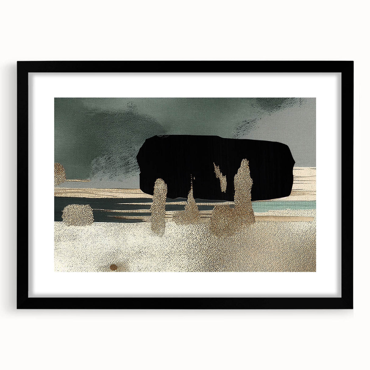 Abstract wall art featuring bold strokes and lines in a modern design, framed with a black mat, ideal for contemporary home decor. Perfect for adding artistic flair to any room.