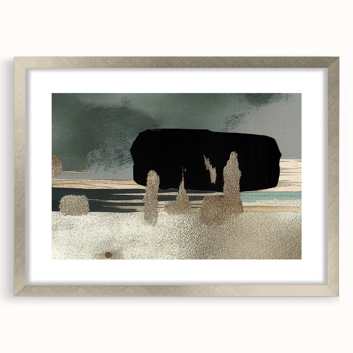 Abstract wall art featuring a modern design of colorful strokes and lines, framed with a silver mat, enhancing contemporary decor for stylish interiors.