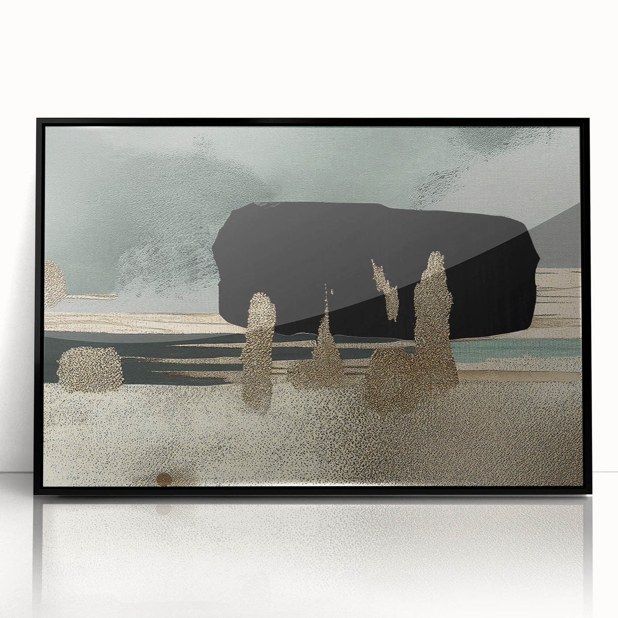 Framed wall art featuring an abstract design of colorful strokes and lines in a modern black frame, ideal for enhancing contemporary home decor.