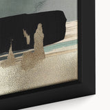 Close-up of a framed canvas featuring an abstract design with colorful strokes and lines, ideal for modern home decor, showcasing vibrant hues of blue, orange, and yellow.