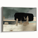 Framed canvas wall art showcasing an abstract design with silver strokes and lines, ideal for modern decor; side view highlights its elegant finish and texture.