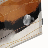 Close-up of an abstract wall art piece featuring vibrant strokes and lines in bold colors against a clear acrylic glass background, ideal for modern decor.