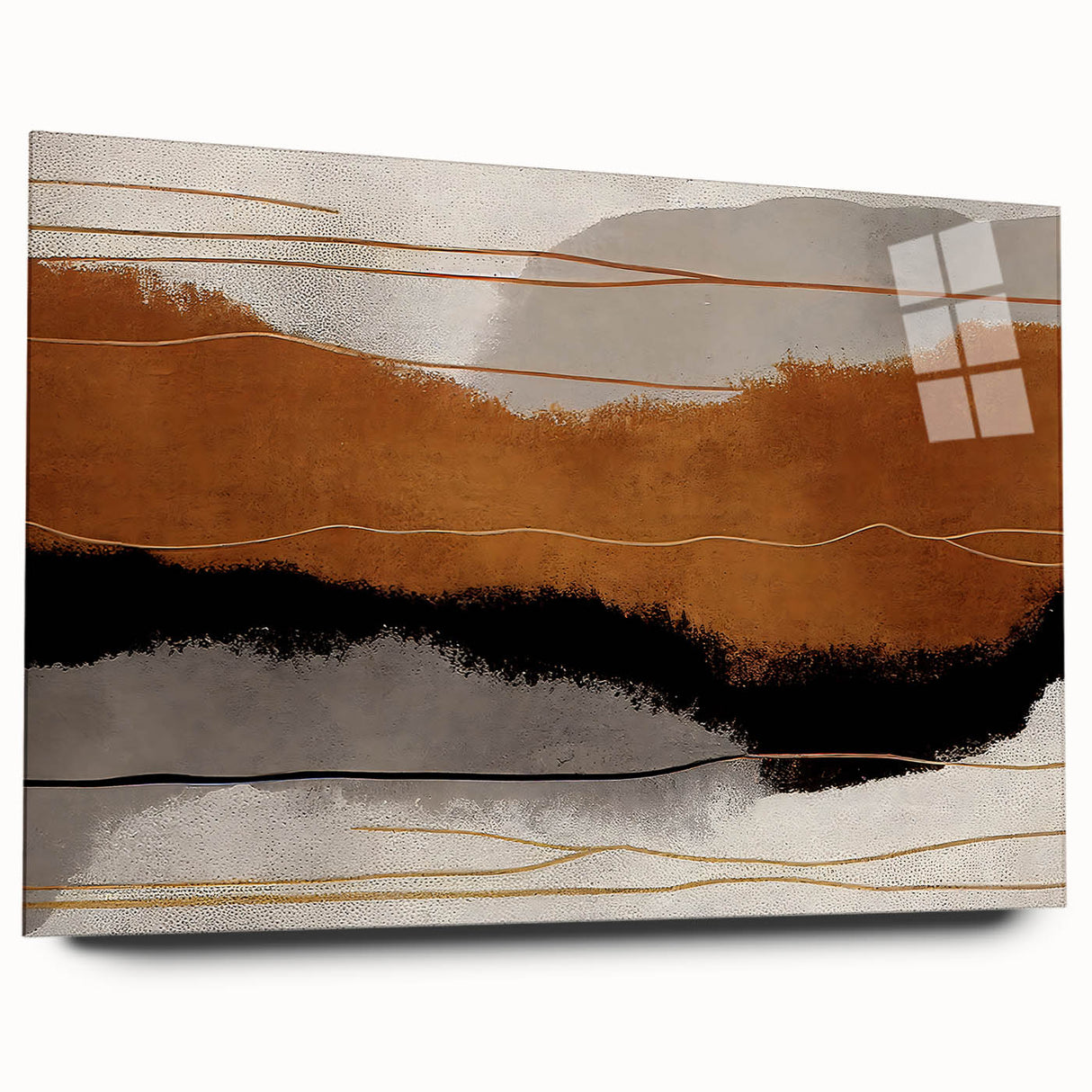 Abstract art piece featuring vibrant strokes and lines in a mix of blue, green, and gold colors, displayed in a sleek acrylic glass frame, ideal for modern home decor.