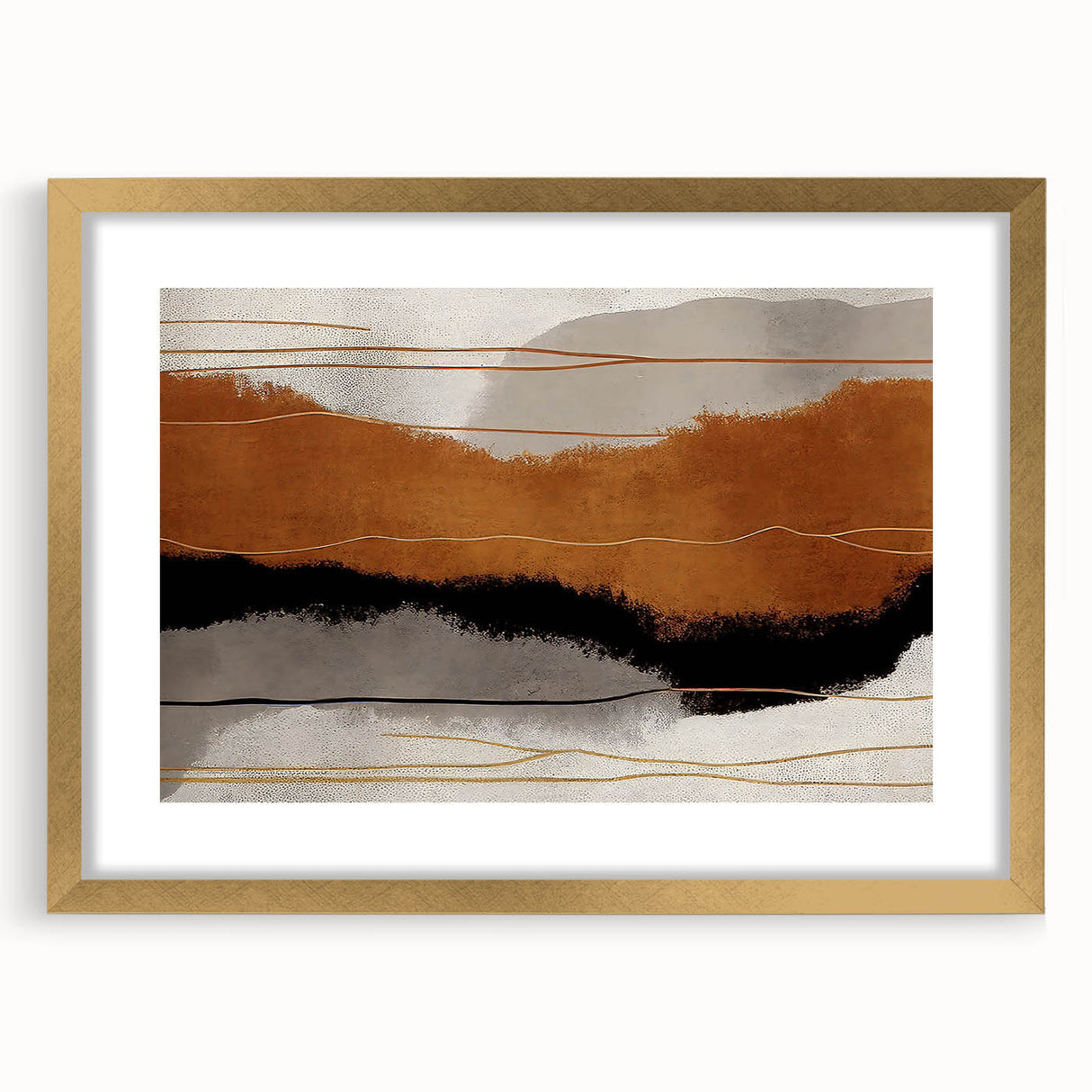 Abstract wall art print showcasing vibrant strokes and lines in shades of blue, gold, and white, elegantly framed with a mat, perfect for modern home decor.