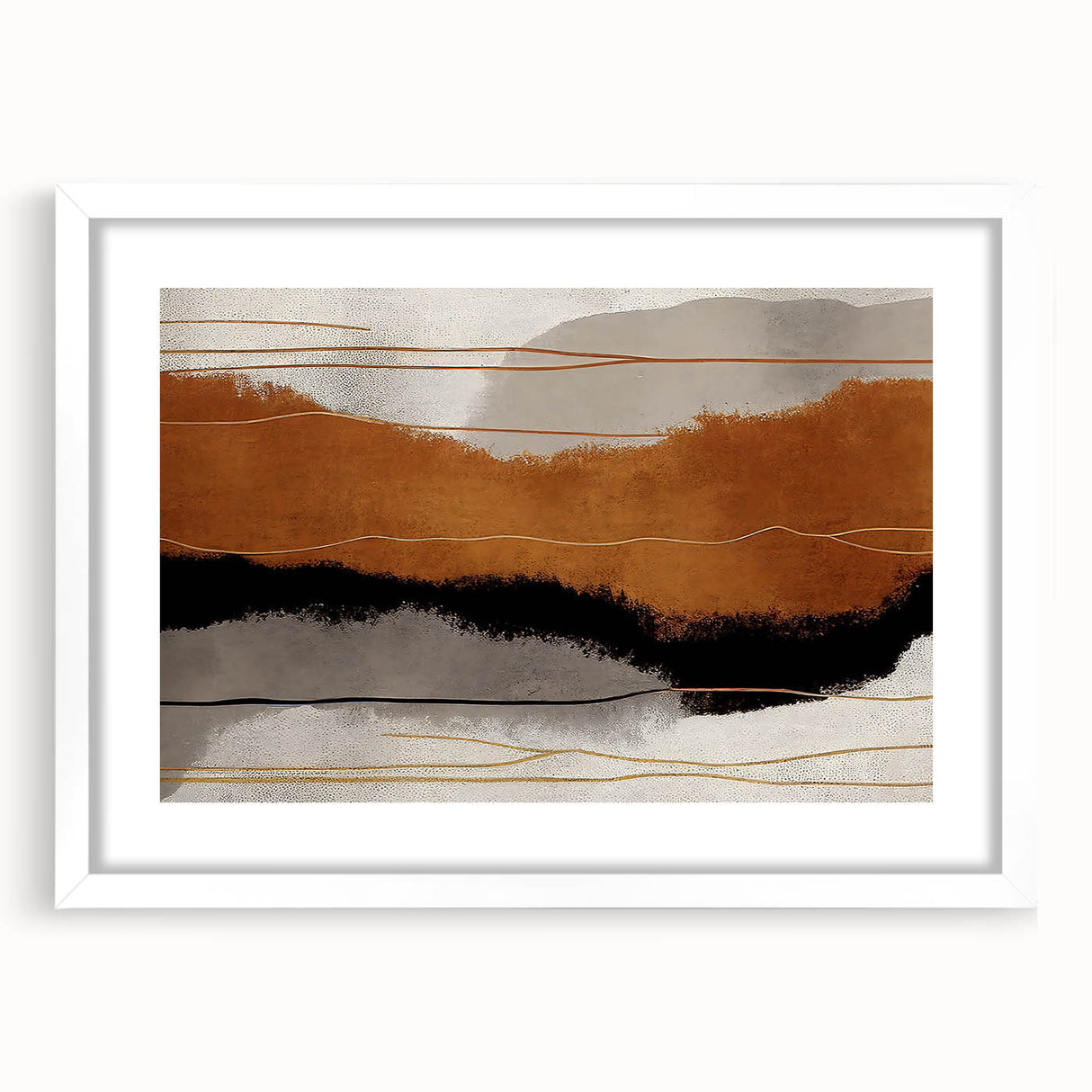 Abstract wall art featuring dynamic strokes and lines in a minimalist design, framed in white with a mat, ideal for modern home decor aesthetics.