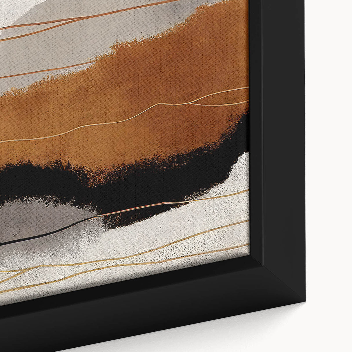 Close-up of an abstract wall art piece featuring vibrant strokes and lines in shades of blue, orange, and gold, framed elegantly to enhance any modern decor.