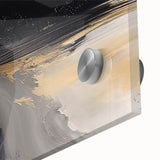 Colorful abstract wall art featuring dynamic strokes and lines in shades of blue, orange, and yellow, designed for modern home decor, showcased in a close-up view.