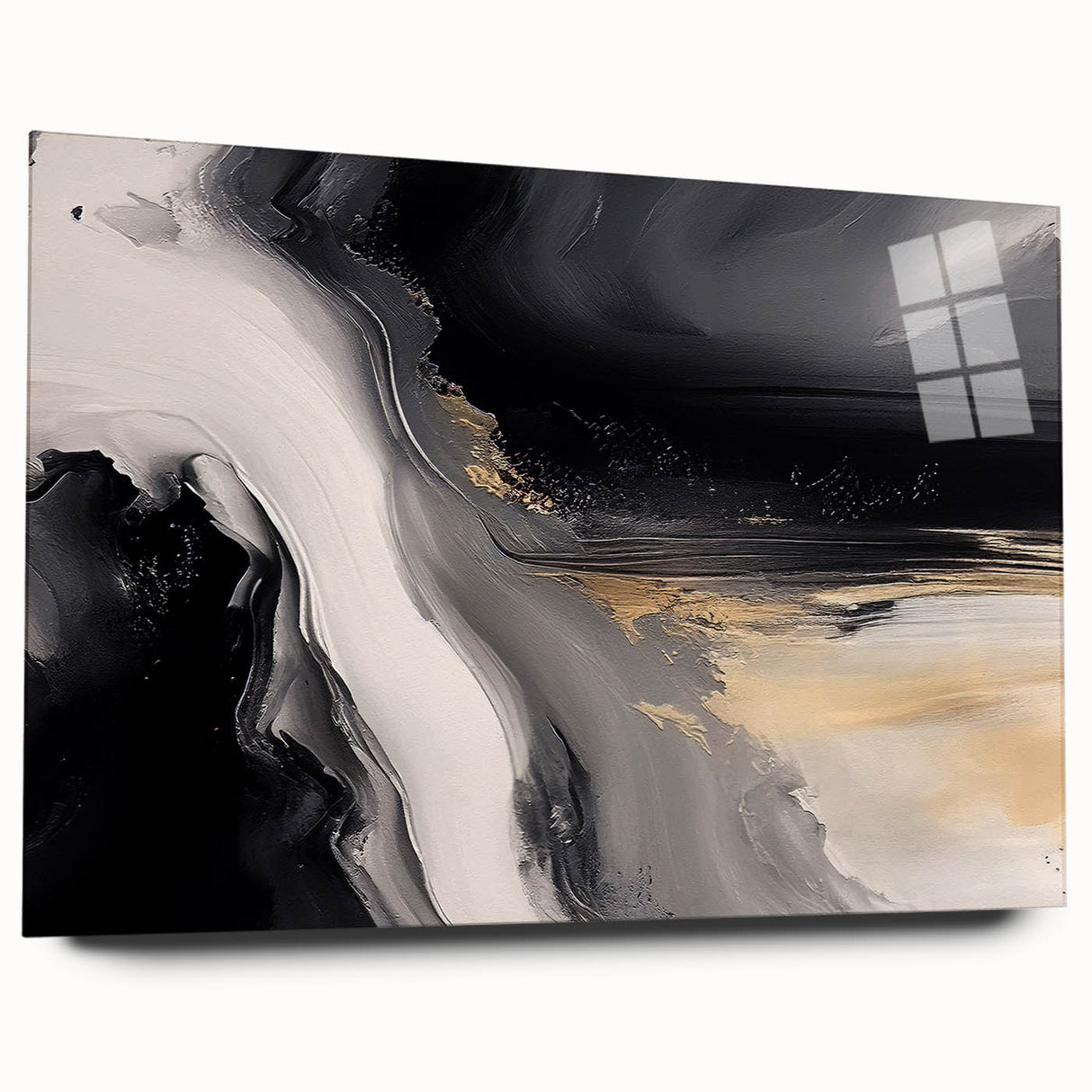 Abstract wall art design featuring colorful strokes and lines on acrylic glass, displayed from a side view, ideal for modern home decor.