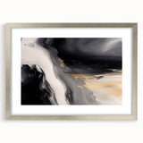 Abstract wall art featuring a dynamic design of strokes and lines in muted colors, elegantly framed with a silver mat, perfect for modern decor. Ideal for adding a contemporary touch to any living space or office.