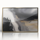 Framed acrylic wall art featuring an abstract design of gold strokes and lines, perfect for modern decor and enhancing interior aesthetics.