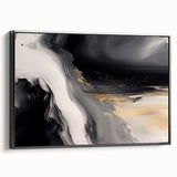 Framed canvas wall art featuring an abstract design with bold strokes and lines in black and white, showcasing modern aesthetics. Ideal for contemporary home decor.