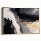 Framed canvas wall art showcasing an abstract design with gold and black strokes, perfect for modern decor, viewed from the side to highlight its elegant finish.