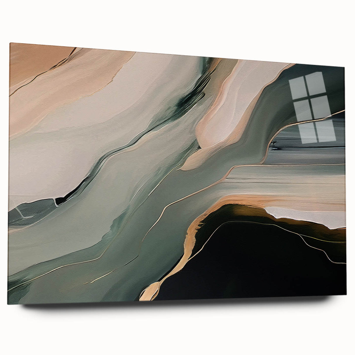 Abstract wall art featuring vibrant strokes and lines in a blend of blues, greens, and golds, displayed in a sleek acrylic glass frame for a modern aesthetic.