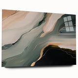 Abstract wall art featuring vibrant strokes and lines in a blend of blues, greens, and golds, displayed in a sleek acrylic glass frame for a modern aesthetic.