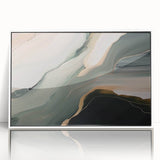 Framed wall art featuring an abstract design with colorful strokes and lines, set in a sleek white frame, ideal for modern home decor.