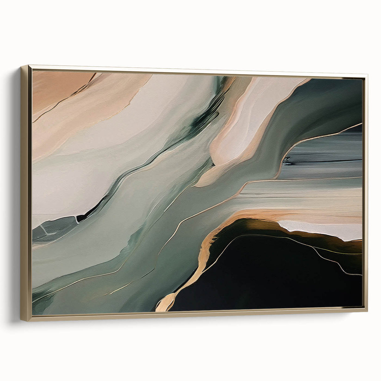 Framed canvas wall art featuring an abstract design of strokes and lines in gold, showcasing a modern aesthetic ideal for contemporary decor.