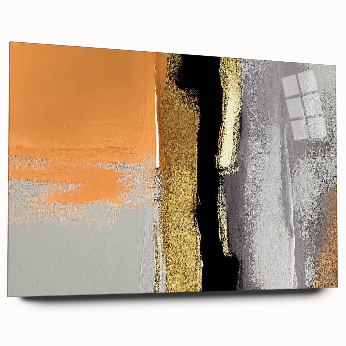 Abstract strokes and lines design on acrylic glass wall art, showcasing vibrant colors and contemporary style, ideal for modern home décor. This side view highlights its sleek edges and artistic appeal, perfect for enhancing any space.
