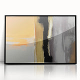 Abstract wall art featuring bold strokes and lines in vibrant colors, framed in black, showcasing modern artistic design perfect for contemporary decor.