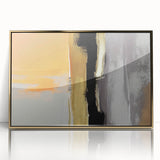 Framed wall art featuring an abstract design of colorful strokes and lines in gold and blue, perfect for modern home decor. Ideal for enhancing living spaces.