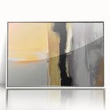 Framed abstract wall art featuring colorful strokes and lines in a modern design, set against a white background. Ideal for contemporary home decor.