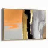 Framed wall art featuring an abstract design of golden strokes and lines on a textured background, showcasing a modern aesthetic ideal for contemporary decor. The piece is displayed from a side view, highlighting its elegant frame and artistic flair, perfect for enhancing any interior space.