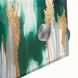 Abstract wall art design showcasing vibrant strokes and lines in shades of blue, orange, and yellow, printed on acrylic glass for a modern aesthetic. Perfect for enhancing contemporary home decor with its dynamic composition and intricate details.