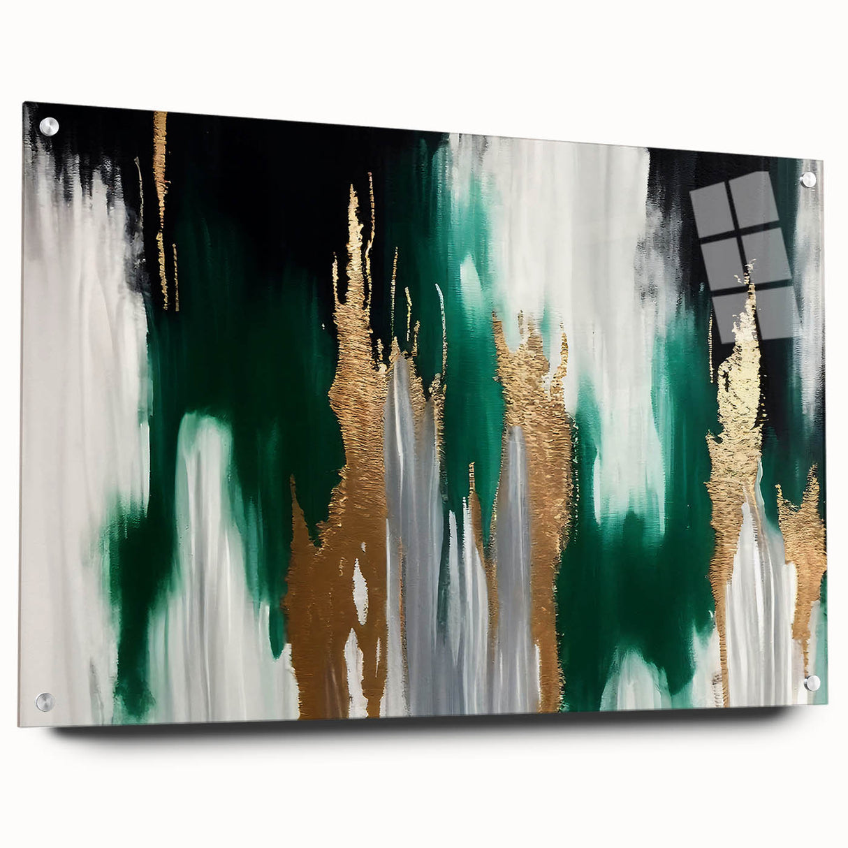 Abstract wall art featuring colorful strokes and lines, displayed in a sleek acrylic frame with stylish pins, perfect for modern home decor.