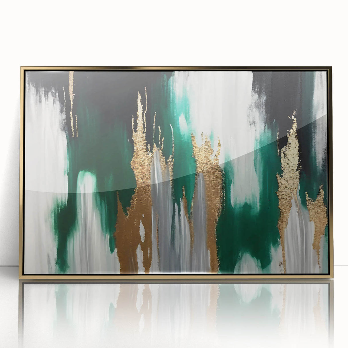Framed wall art featuring an abstract design of gold strokes and lines on a white background, adding a modern touch to any room's decor. Ideal for contemporary interiors.