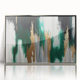 Framed abstract wall art featuring dynamic strokes and lines in silver and white hues, ideal for modern decor, showcased against a clean backdrop.