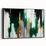 Framed wall art featuring an abstract design of colorful strokes and lines against a black background, showcasing a modern aesthetic ideal for contemporary decor.