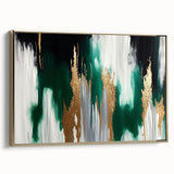 Framed canvas wall art showcasing an abstract strokes and lines design in gold tones, ideal for modern decor. Side view highlights its elegant frame and artistic details.