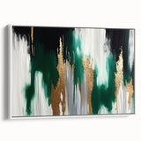 Framed canvas wall art showcasing an abstract design with colorful strokes and lines, presented in a white frame, perfect for modern decor enhancement.