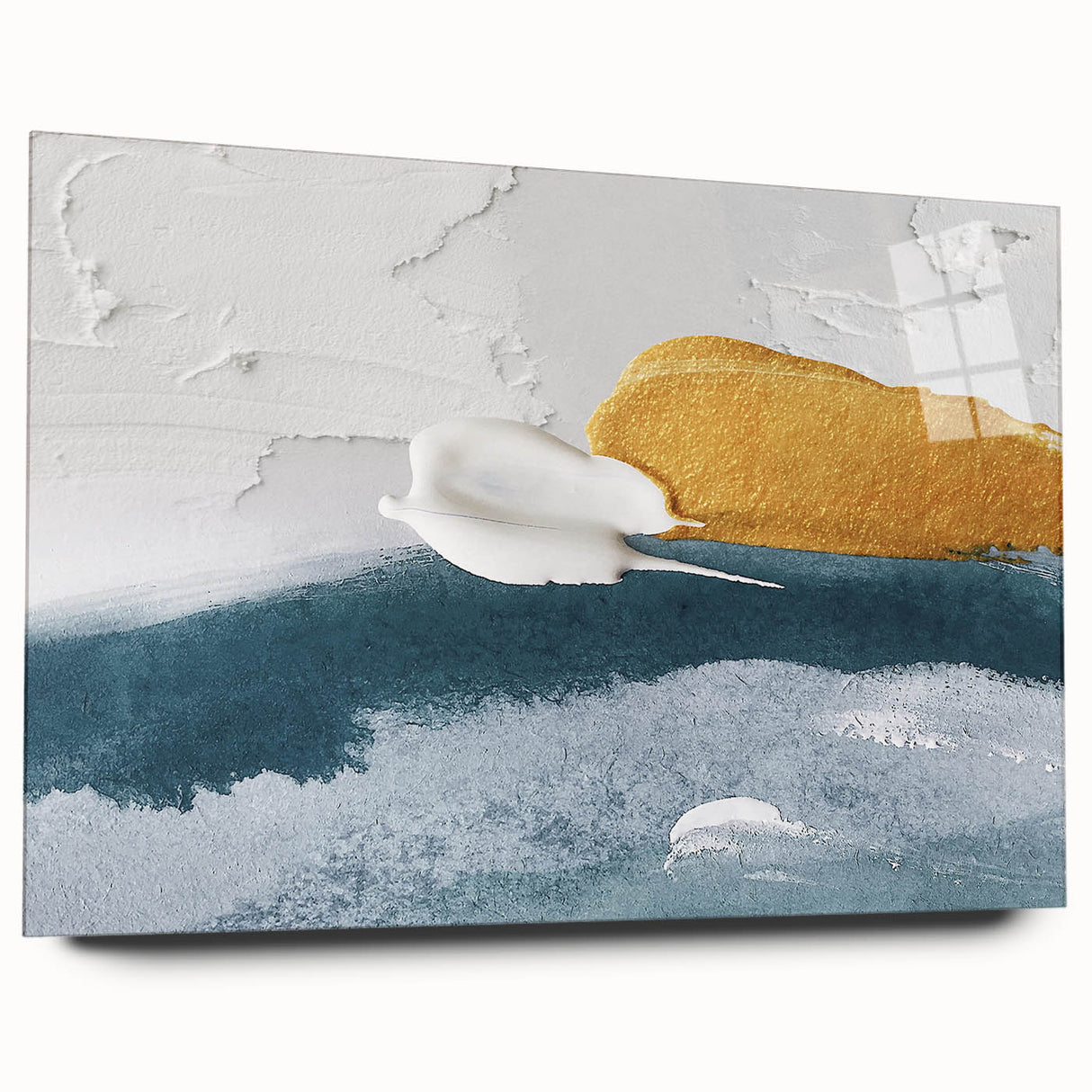 Abstract strokes and lines in vibrant colors create a striking wall art piece, showcased in acrylic glass with a sleek side view, perfect for contemporary decor.