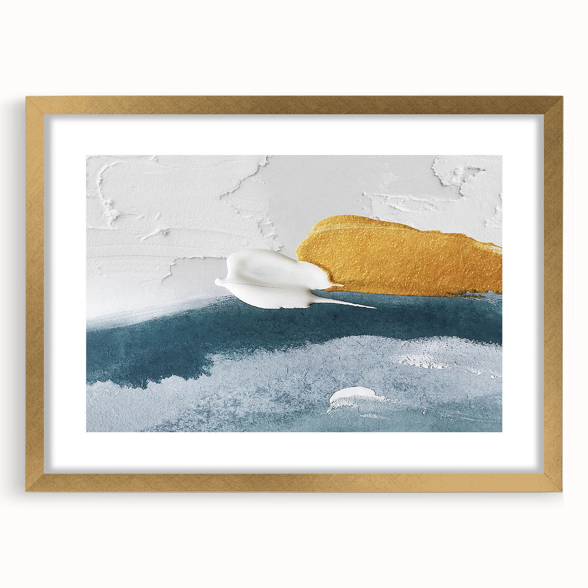 Abstract wall art featuring elegant strokes and lines in gold and neutral tones, framed with a stylish mat, perfect for modern home decor.