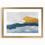 Abstract wall art featuring elegant strokes and lines in gold and neutral tones, framed with a stylish mat, perfect for modern home decor.