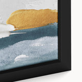 Close-up of an abstract wall art piece showcasing vibrant strokes and lines in bold colors, framed on a sleek canvas, ideal for modern decor.