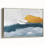 Framed canvas wall art showcasing an abstract design with gold strokes and lines, ideal for modern decor. Side view highlights its elegant finish and versatile style for home interiors.