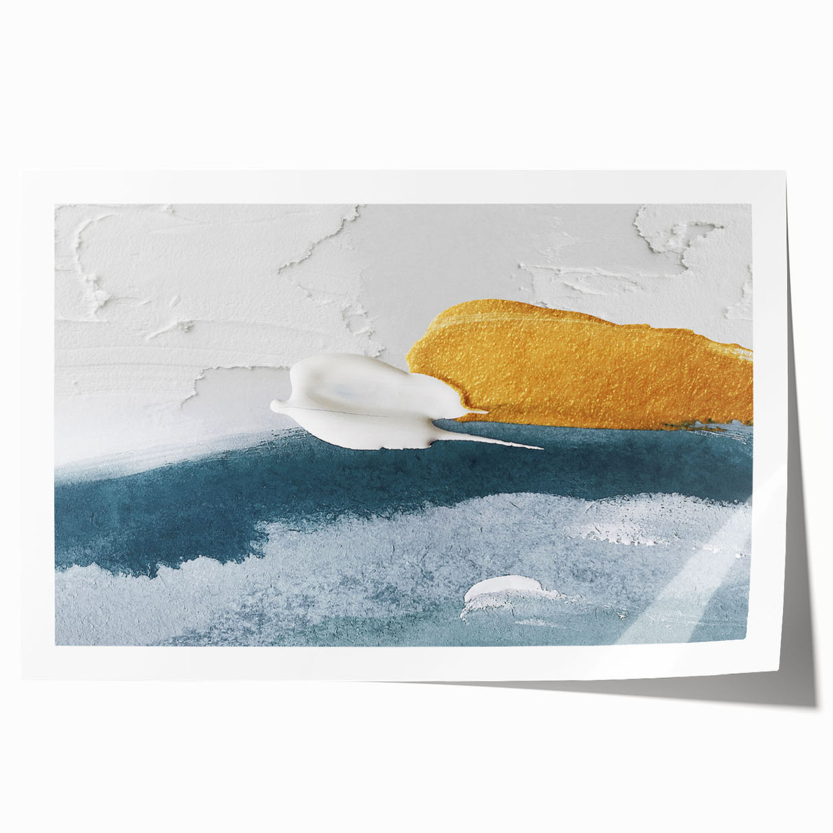 Abstract strokes and lines in vibrant colors form a contemporary wall art print, showcasing an artistic blend of blues, yellows, and reds for modern decor.