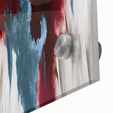 Close-up of an abstract wall art piece showcasing vibrant strokes and lines in a modern design, printed on acrylic glass to enhance colors and textures.