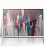 Framed acrylic wall art showcasing an abstract design with colorful strokes and lines, featuring a white frame and front view display, ideal for modern decor.