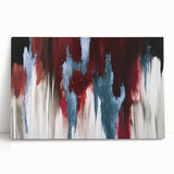 Abstract wall art featuring vibrant strokes and lines in blue, yellow, and gray tones, stretched on canvas, ideal for modern home decor. This captivating piece adds a dynamic touch to any room while enhancing artistic expression.