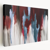 Abstract wall art canvas featuring colorful strokes and lines in a modern design, showcasing a side view of the stretched canvas ready for display.